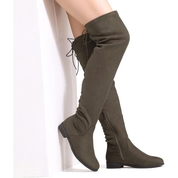 Women's Khaki Textile Suede Over The Knee Thigh High Winter Riding Boots - Picture 7 of 7